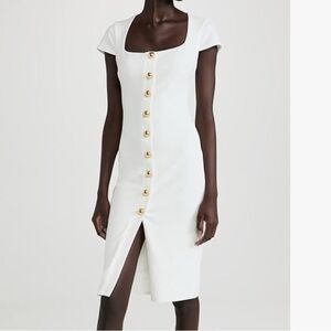 NWT Black Halo Akira Sheath Dress Pearl Gold Buttons Short Sleeves Stretch Sz 8